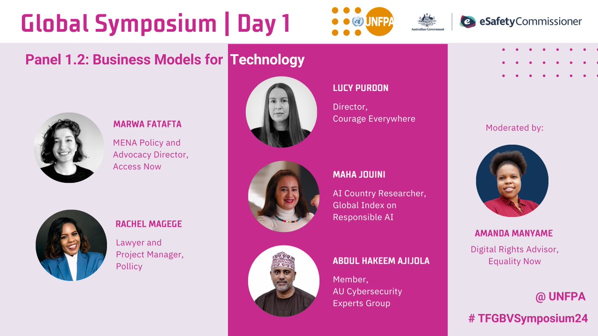 🔔 Introducing our distinguished speakers for Day 1, Panel 2 at #TFGBVSymposium24!

Get ready to gain invaluable insights from @marwasf, @Rachel_Magege, @LucyPurdon, Maha Jouini, Abdul Hakeem Ajijola, and @AmandaManyame.🌟

#EndTFGBV @UNFPA @eSafetyOffice