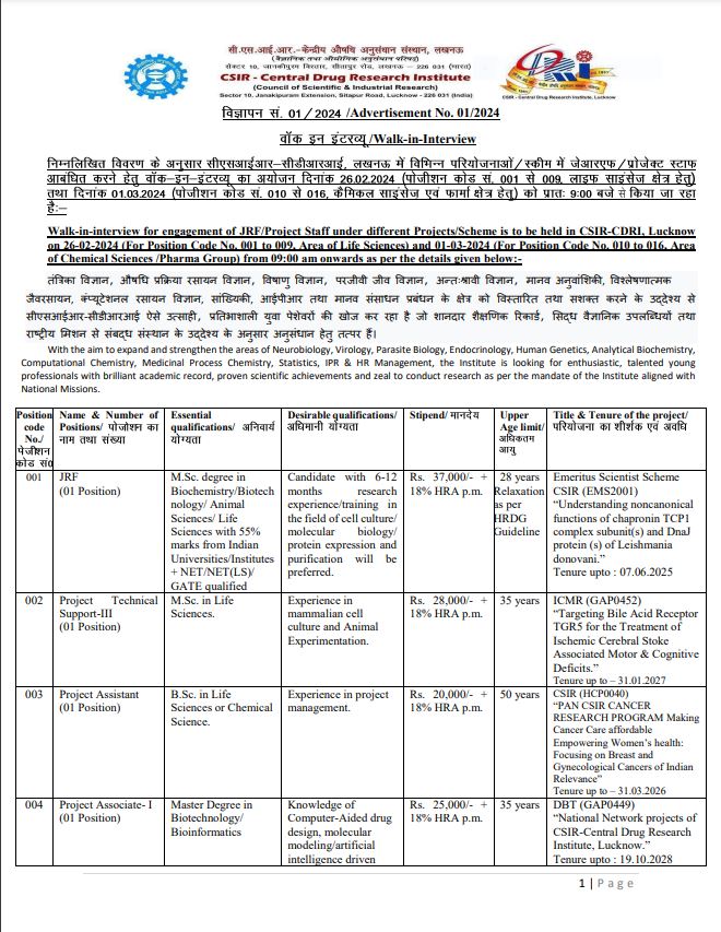 CSIR_CDRI's tweet image. #Walk_in_interview for engagement of #JRF/#ProjectStaff under different Projects/Scheme is to be held in @CSIR_CDRI, #Lucknow on 26 Feb 2024 and 01 March. For details visit
cdri.res.in/pdf/recruitmen…
@CSIR_IND @ugc_india @EduMinOfIndia @VigyanPrasar