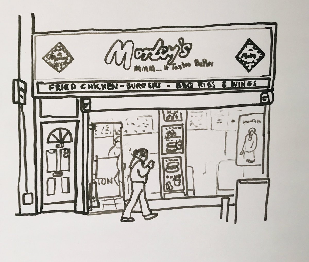Today’s #sketch from the 4/2/24 of #Landmarks & #Icons is #Morleys @MorleysChicken #BrixtonRoad #Brixton #London #SW9 #Acrylic #Ink #Marker #Pen on paper + #Drawing More sketches instagram.com/frankkiely/