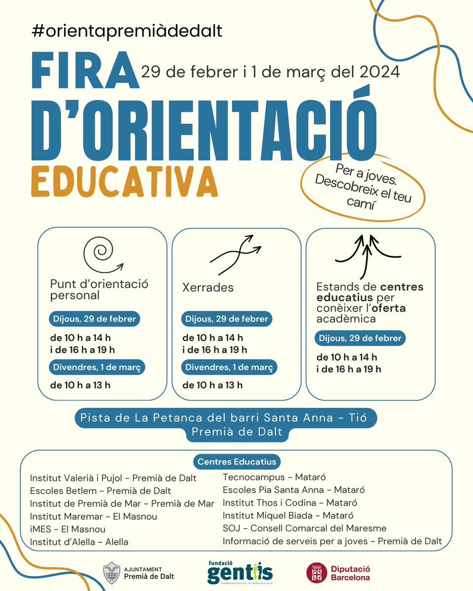 FundGentis's tweet photo. FIRA D’ORIENTACIÓ EDUCATIVA #PremiàDeDalt
Pista de La Petanca del barri Santa Anna Tió 

📍 Premià de Dalt
🗓️ 29 de febrer i 1 de març del 2024

@ajpremiadedalt @diba https://t.co/Zmb5hdLJHK