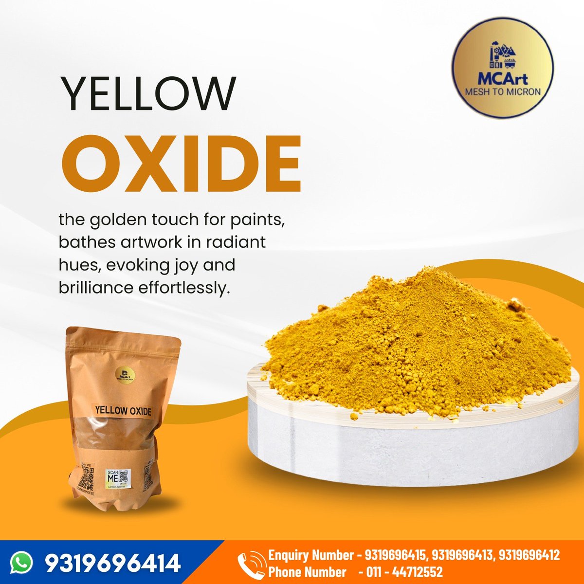 Unleash the golden touch with Yellow Oxide! 
For more details
Whatsapp us at 093196 96414

#Mcart #Meshtomicron #Minerals #Chemicals #MineralResources #ChemicalIndustry #MineralExtraction #ChemicalCompounds #YellowOxide #GoldenTouch #RadiantHues #JoyfulArt #BrilliantColor