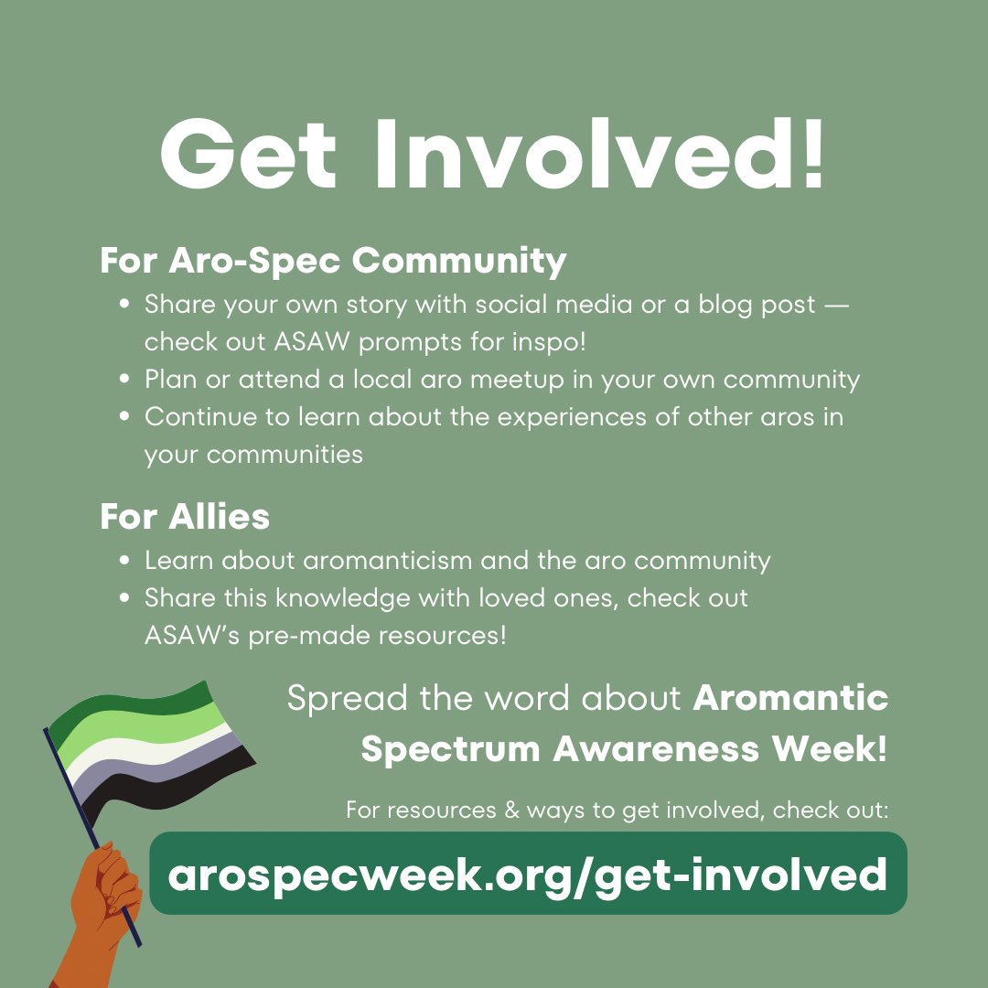 It’s #AromanticSpectrumAwarenessWeek 💚🤍🩶🖤 — how are you celebrating? 

visit arospecweek.org/get-involved to learn more! 🥰