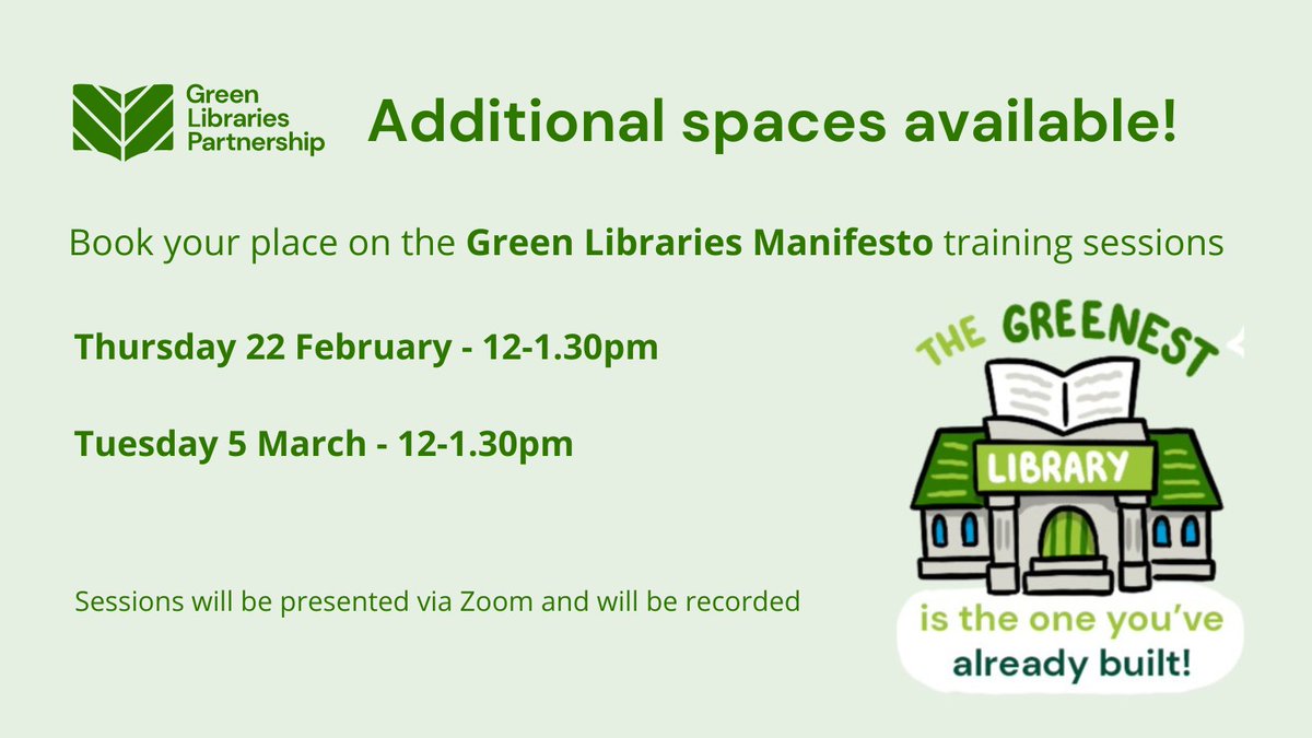 We've teamed up with @CILIPinfo to deliver this free two-part #GreenLibraries Manifesto training.

This week's webinar addresses change & action, while part two looks at how libraries can be the voice of environmental action in their community.

Join us >> tinyurl.com/2r6xfnxd