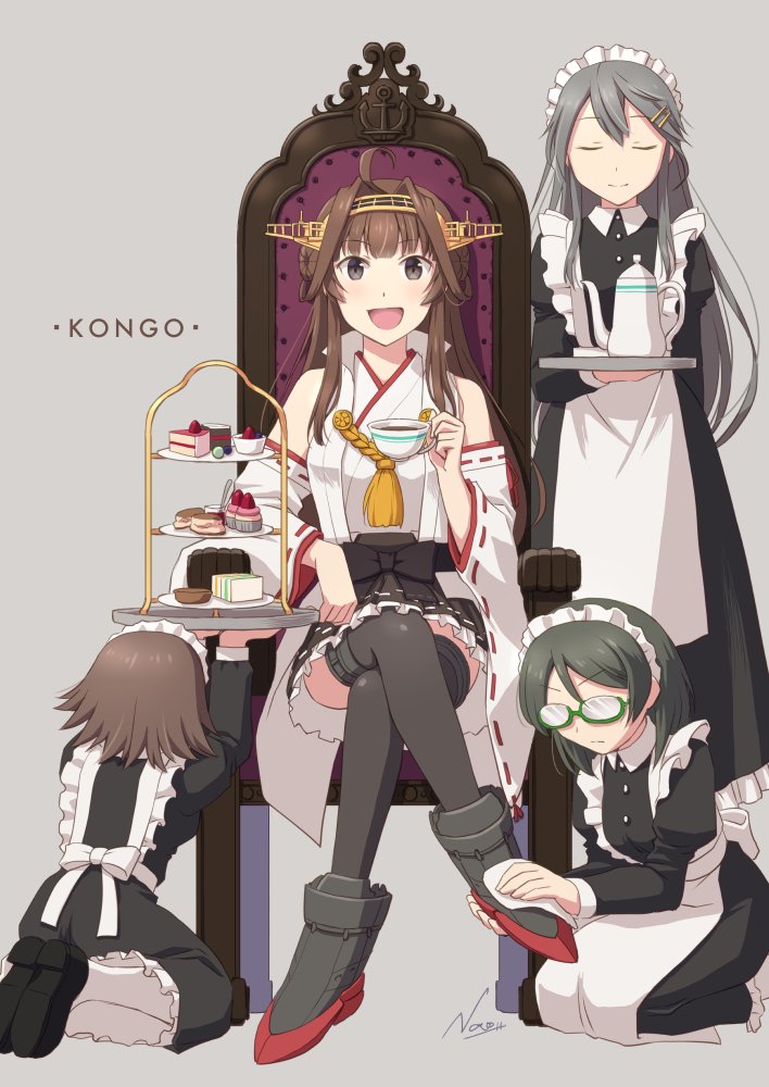 haruna (kancolle) ,hiei (kancolle) ,kirishima (kancolle) ,kongou (kancolle) 4girls multiple girls long hair teacup maid food brown hair  illustration images