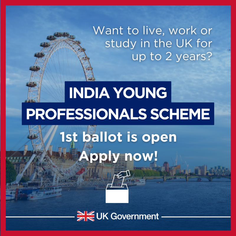 UKinIndia's tweet photo. 🚨 The first ballot of the 2024 India Young Professionals Scheme is now OPEN. 

The ballot will randomly select ballot entrants. If selected, you will receive an invitation to submit your visa application.  

#IndiaYoungProfessionalsScheme