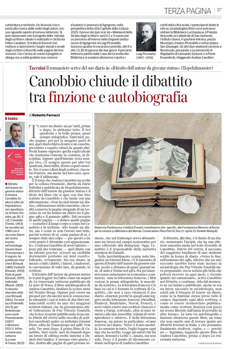 Grazie a Roberto Ferrucci per questo stimolante e forte articolo sul Corriere della Sera dal titolo 'Canobbio chiude il dibattito tra finzione e autobiografia' 📷Si parla del nostro libro 'Ritratto dell'autore da giovane statua' hopefulmonster.net/prodotto/ritra…