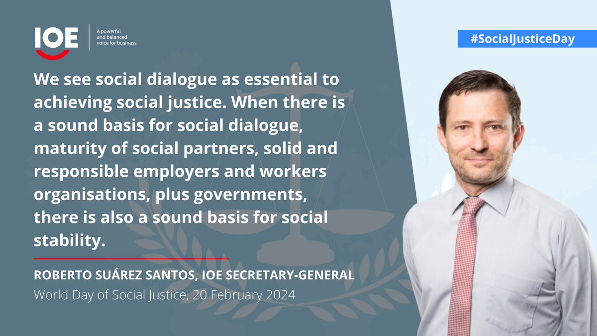 ⚖️ On #SocialJusticeDay, IOE underscores the pivotal role of #SocialDialogue as the catalyst for achieving #SocialJustice. 🤝 We proudly join forces with @ilo to champion equal opportunities and full, productive employment, with a focus on fostering a conducive business…