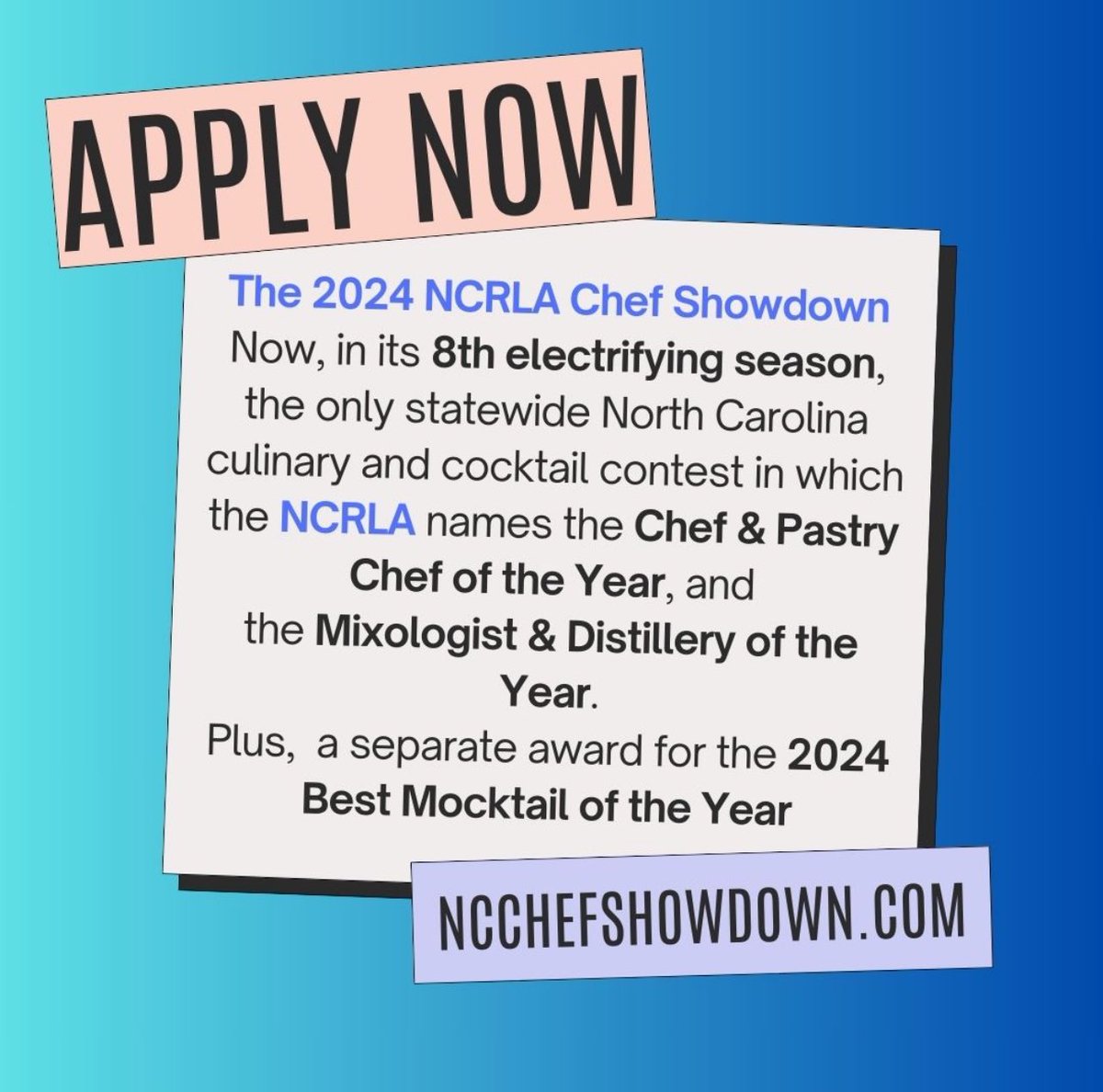 Calling all NC Chefs, Pastry Chefs, Bartenders, Mixologists &amp; NC Distilleries…
Could you be the next <a href="/NCRLA/">NCRLA</a> Chef of the Year, pastry Chef of the Year or Mixologist of the Year?

You can’t win if you don’t apply 
APPLY NOW - March 5, 2024
Details at NCChefShowdown.com