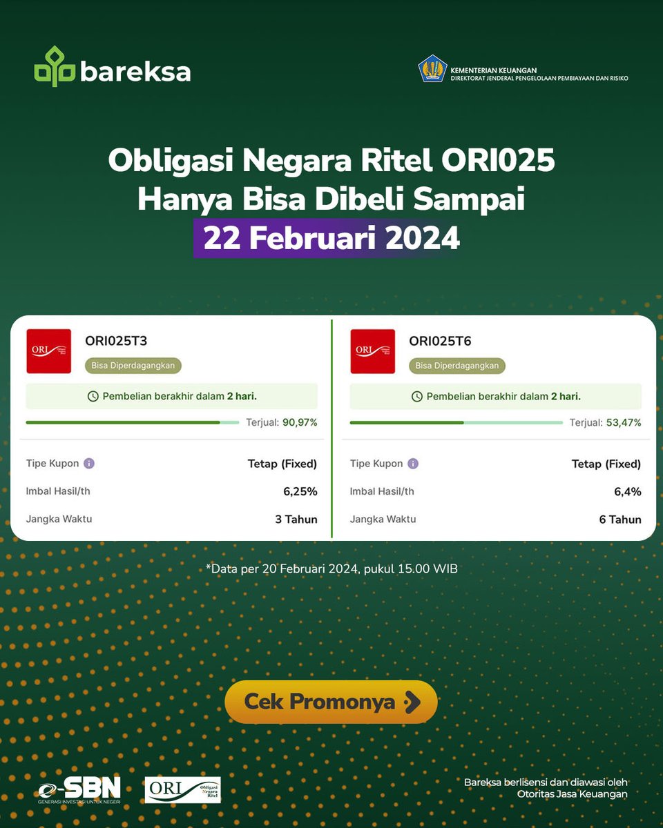 bareksa's tweet photo. 2 HARI LAGI MASA PENAWARAN ORI025 BERAKHIR🔥
Beli ORI025 di Bareksa sekarang dan dapetin bonun Emas dari Bareksa!
#investasi #sbn #bareksa https://t.co/wj060AEFOs