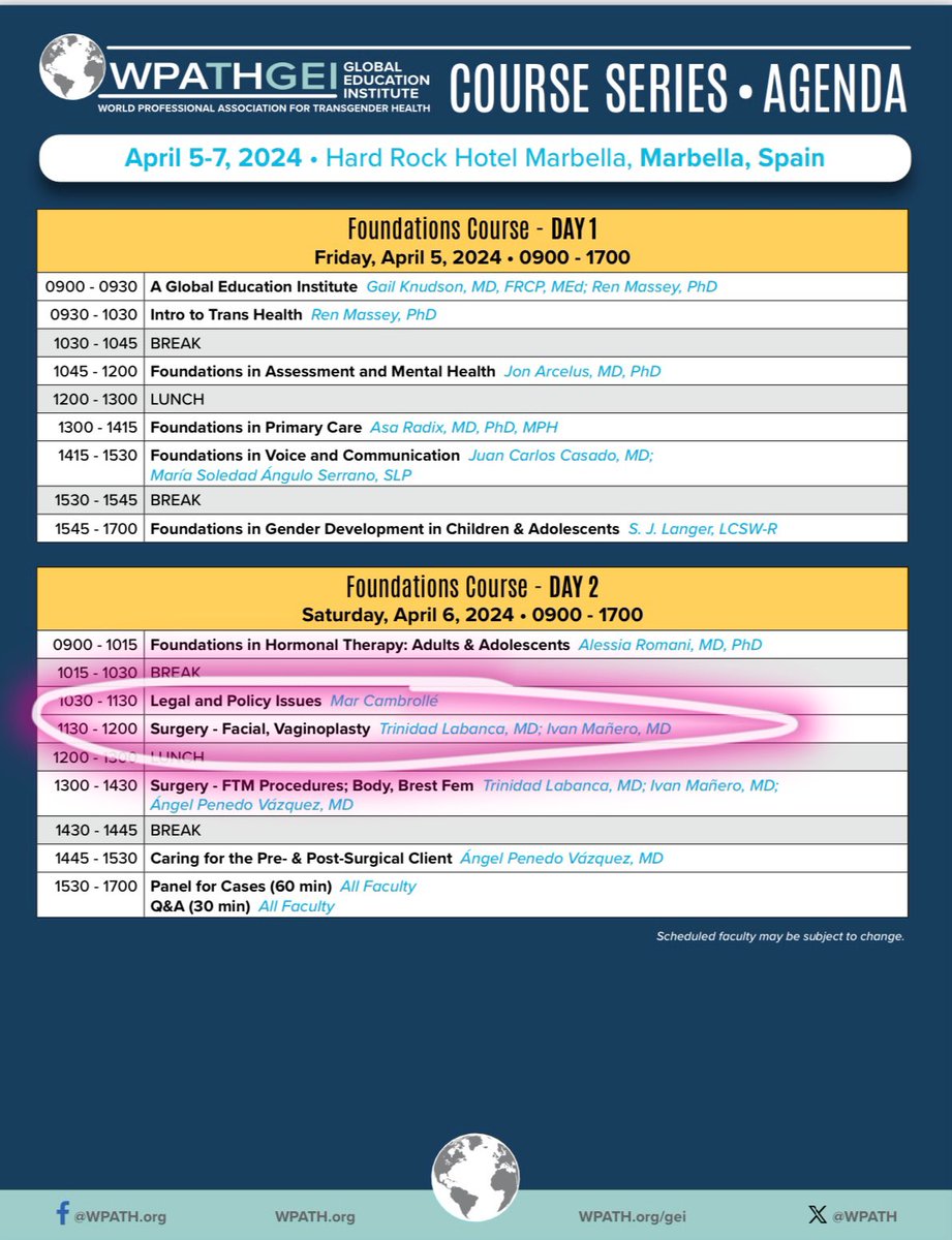 TriniLabanca's tweet photo. So happy to announce the next WPATH Foundation &amp; Advanced Medical Courses in Marbella, Spain (April 5-7th) where @imgender staff will lead the surgical lectures :) 
#wpath @wpath https://t.co/4nPctV8JXK