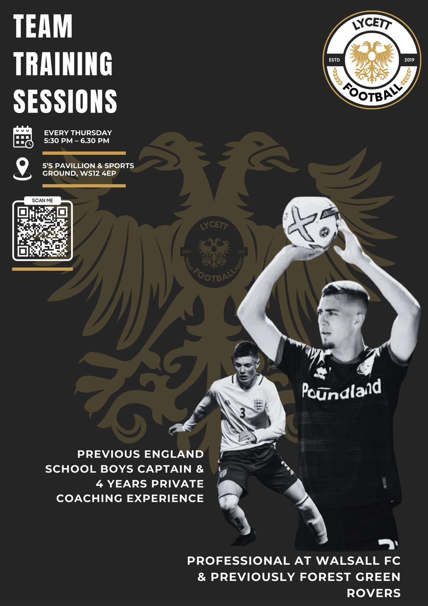 Looking to enhance tactical &amp; technical skills by PROFESSIONALS all while in a comfortable environment to make new friends and build relationships✅
Come and join our Group Session’s👇🏻

⏰  Thursdays 5:30-6:30
📍 5’s Pavillion &amp; Sports Ground , WS12 4EP
👤 U8-U12

1/2