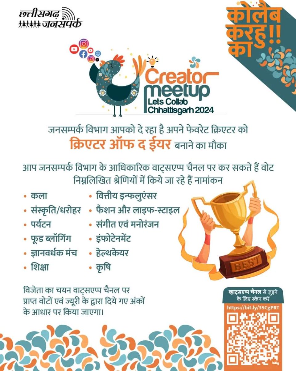 BalodDistrict's tweet photo. अपने पसंदीदा क्रिएटर को दिलाइये क्रिएटर ऑफ द इयर सम्मान...
QR code स्कैन कर आप अपने पसंदीदा क्रिएटर को कर सकते हैं वोट।
@ChhattisgarhCMO
@DPRChhattisgarh
#creatoroftheyear
#chhattisgarh
#LetsCollabChhattisgarh https://t.co/HWXjKHY204