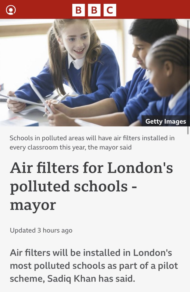 Air filters to be installed in 200 schools across London Mayor Sadiq Khan: “I want every single child to breathe clean air in & around their school. In those vital early years, the difference to young people’s health and wellbeing can be life-changing.” bbc.co.uk/news/uk-englan…