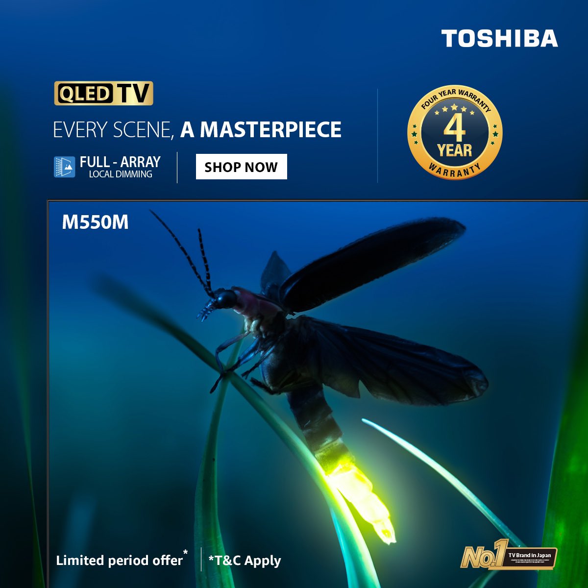 Elevate visuals with Full Array Local Dimming. Limited-time offer - 4 year warranty Buy Now: bit.ly/3FsybuB bit.ly/3I6qv2a #ToshibaTV #M550MP