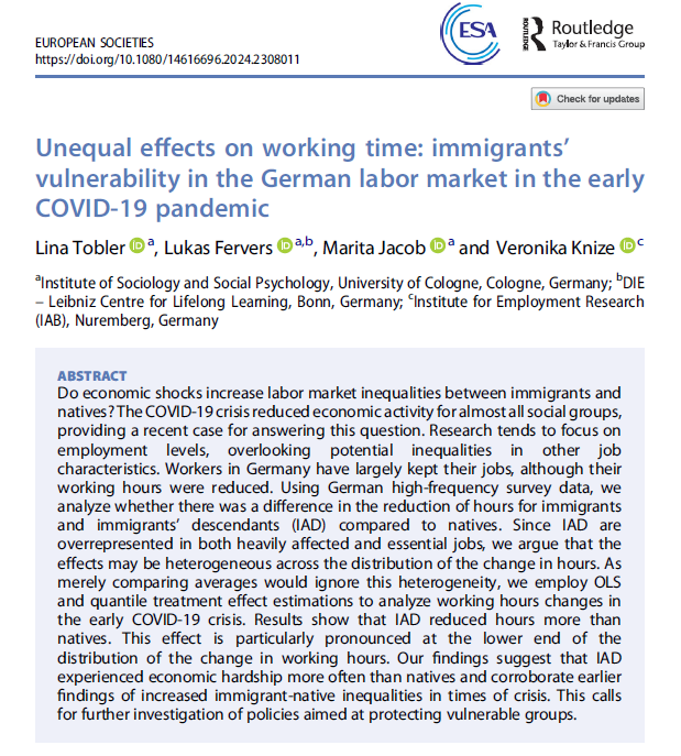 💡Happy to see our paper on immigrant-native inequalities during COVID-19 published in @EuroSocieties1 w/ L.Fervers, M.Jacob & V.Knize tandfonline.com/doi/full/10.10…