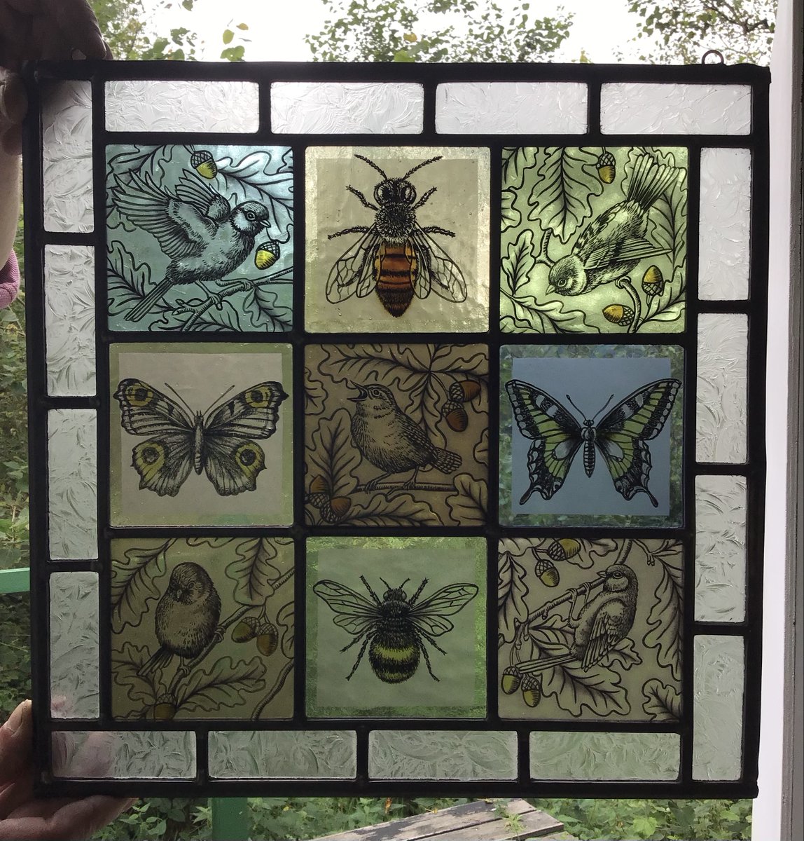 Birds, Butterflies & Bees, stained glass panel sold last year 🐦‍⬛🦋🐝 #stainedglass #suncatchers #paintedglass #nature #birds #butterflies #bees #colourful #decorativeart