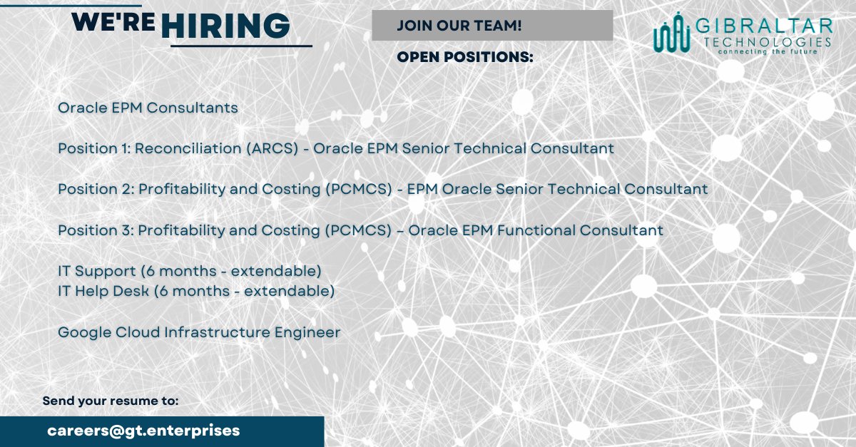 #Oracle #EPM #Consultants #Reconciliation #ARCS #Profitability #Costing #PCMCS #SeniorTechnicalConsultant #FunctionalConsultant #ITSupport #HelpDesk #GoogleCloud #InfrastructureEngineer #TechConsulting #Consulting #Technology #CloudComputing #DataManagement #FinancialReporting