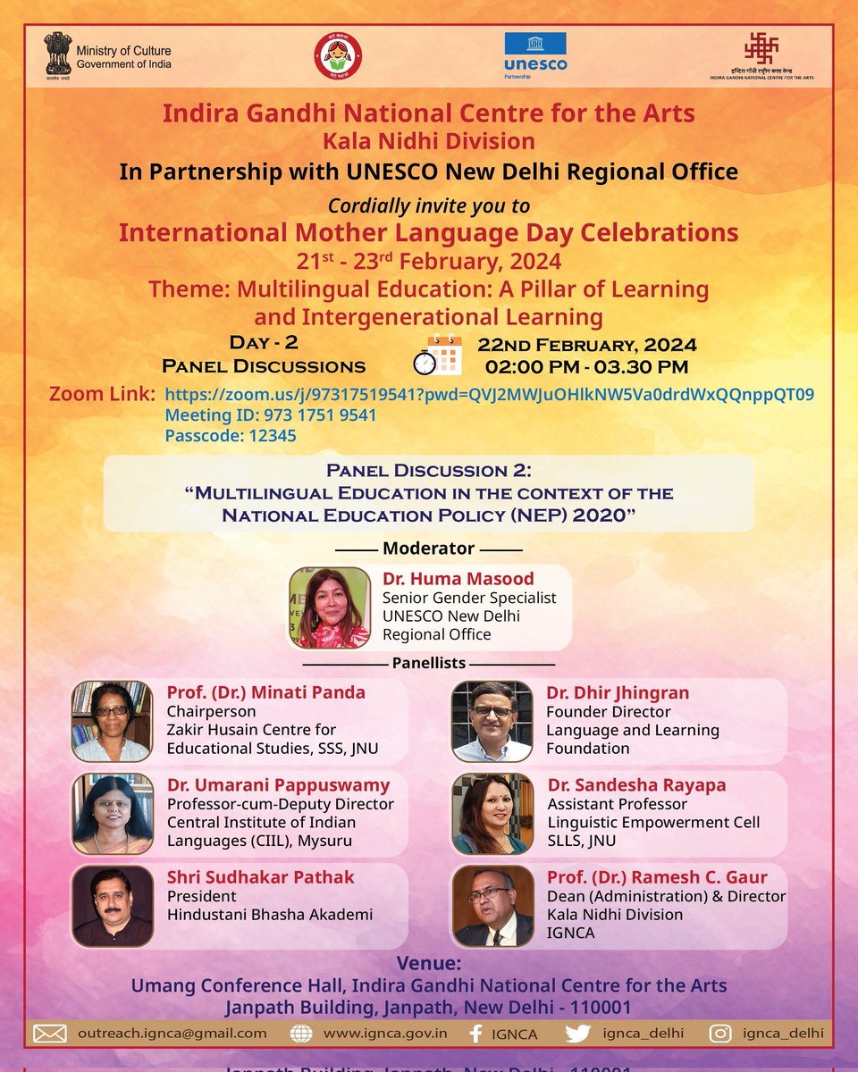 Join us for a celebration of linguistic diversity and cultures as the Indira Gandhi National Centre for the Arts, Kala Nidhi Division, and UNESCO New Delhi Office extend a warm invitation to the #InternationalMotherLanguageDay Celebrations from February 21st to 23rd, 2024, at