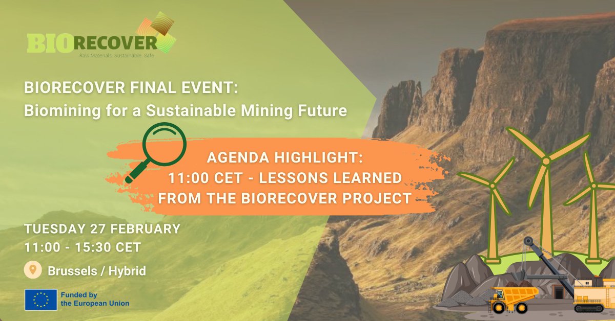BIORECOVER (@biorecover) on Twitter photo 🚀Join the <a href="/biorecover/">BIORECOVER</a> Final Event: Biomining for a Sustainable Mining Future, happening in 1⃣ week!
📆Tues. 27th Feb, 11:00-15:30 CET
📍Brussels & Online
Bringing together scientists, industry leaders & policymakers to discuss the potential of biomining!✍️biorecover.eu/event/biorecov… 🚀Join the <a href="/biorecover/">BIORECOVER</a> Final Event: Biomining for a Sustainable Mining Future, happening in 1⃣ week!
📆Tues. 27th Feb, 11:00-15:30 CET
📍Brussels & Online
Bringing together scientists, industry leaders & policymakers to discuss the potential of biomining!✍️biorecover.eu/event/biorecov…