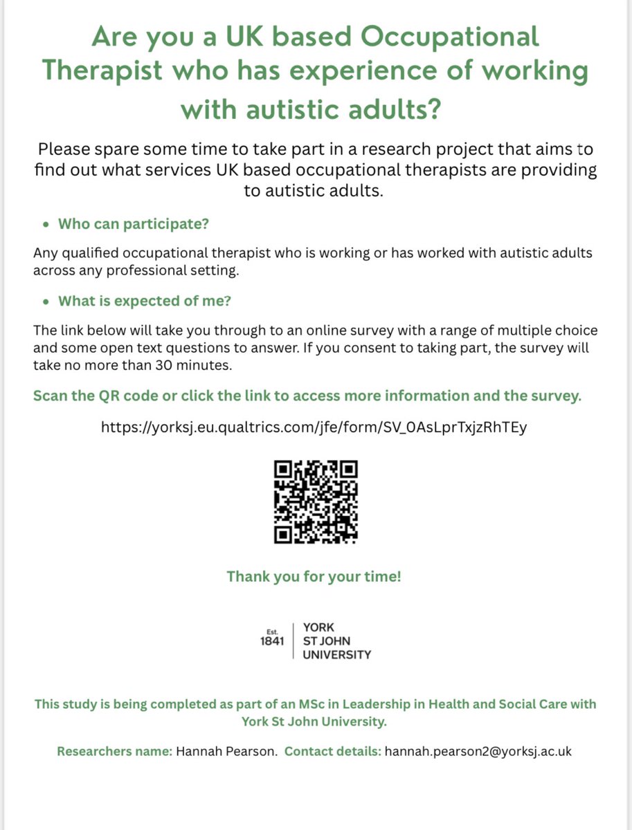 Calling all UK occupational therapists with experience of working with autistic adults. Please complete my survey for my MSc and share far and wide! yorksj.eu.qualtrics.com/jfe/form/SV_0A… 😊❤️ @theRCOT @RCOT_MH @RCOT_NP @RCOT_OP @YorkStJohn @sue_mesa