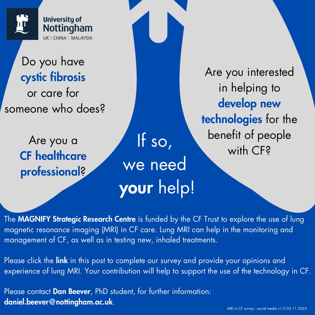 Lung MRI can help us in testing new inhaled treatments for cystic fibrosis – please share your views in our survey and help us to develop this technology further: forms.office.com/e/zvqaUWT4ZF #MRI #CysticFibrosis