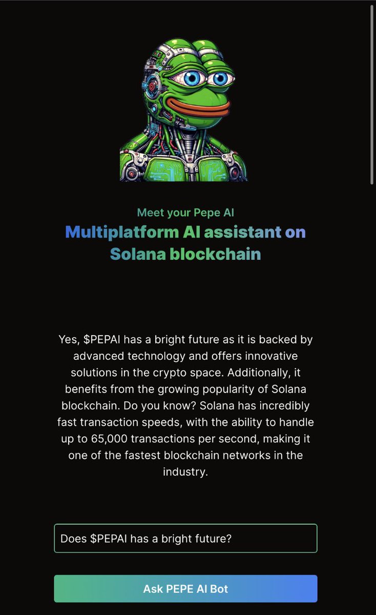 pepeAIbot_sol's tweet photo. Pepe AI Bot | $PEPAI is waking up from its nap.

We asked Pepe AI if $PEPAI has a bright future. The answer 👇

Are you joining us on this journey?

$PEPAI 

Telegram: https://t.co/13MoyZ2Oh0 
CA: B5uQVNAwnF6Tjyw61Bisy1fPRV4JjSUr1J8mjs9wKpBq
Ask Pepe AI: https://t.co/rygQNRHZve https://t.co/ZHF05oAcjF