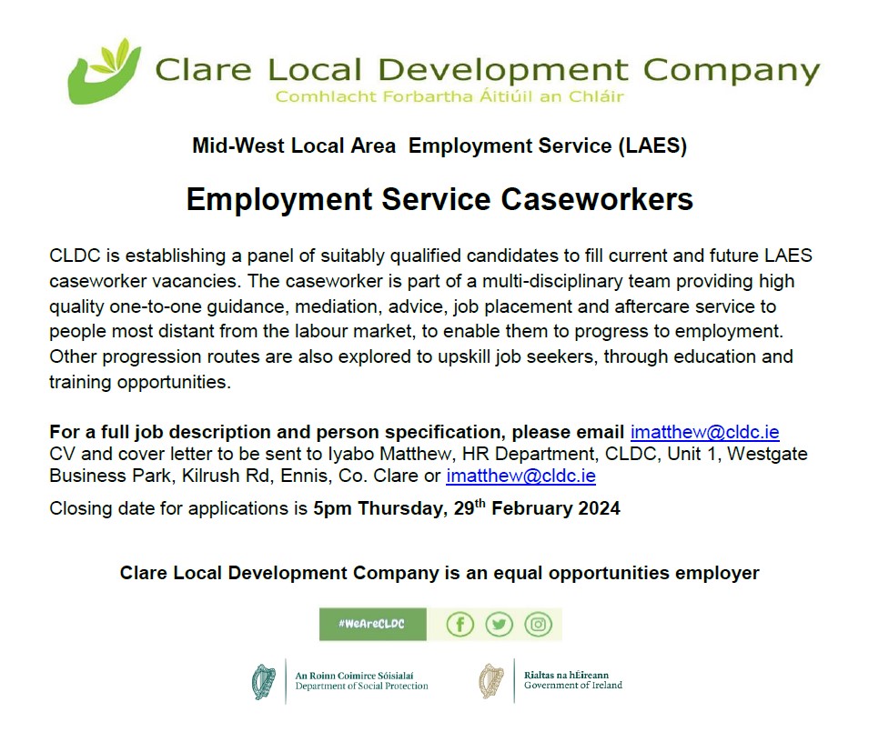 #WorkWithUs!! 

From #finance  to #employmentsupports  to #travellerhealth, work with a #CommunityLed, #valuesdriven org to support & empower the people of Clare.

See photos for details & opportunities, please tag and share!

All inquiries/applications go to imatthew@cldc.ie