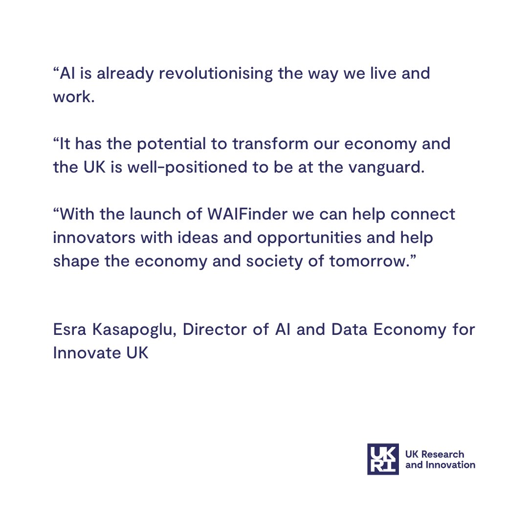 A new interactive digital map will allow researchers and innovators to find companies, funders and institutions that are involved in AI research and innovation. WAIFinder has been developed by UKRI with support from @nesta_uk. Find out more: ukri.org/news/new-tool-…