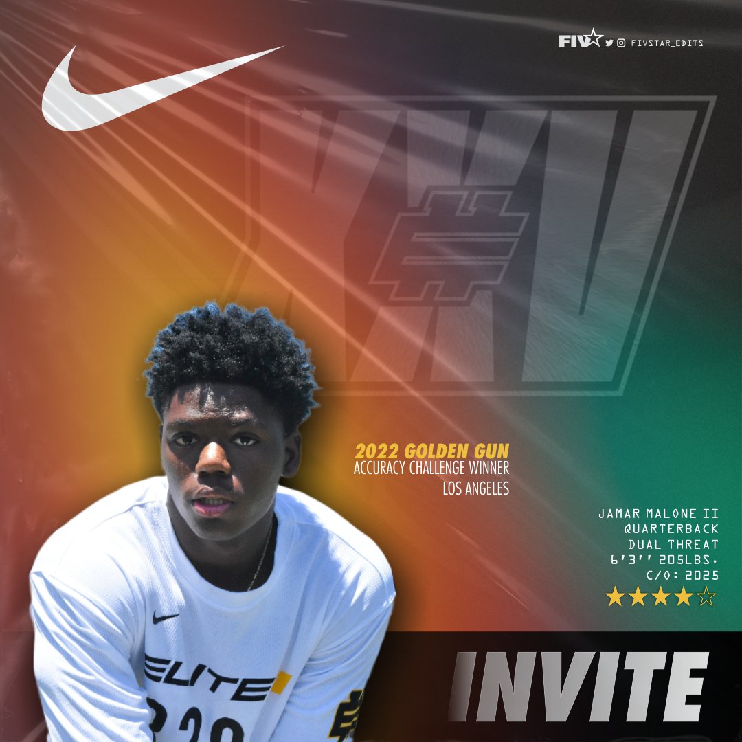 Jamar Malone (@jamar1malone) on Twitter photo Thank you, <a href="/Elite11/">Elite11</a> and <a href="/Stumpf_Brian/">Brian Stumpf</a>, for the invitation to this year's Elite11 event!
I truly appreciate it and look forward to competing!
#nikefootball #elite11 #eliteeleven #eliteqb  #elite11goldengun Thank you, <a href="/Elite11/">Elite11</a> and <a href="/Stumpf_Brian/">Brian Stumpf</a>, for the invitation to this year's Elite11 event!
I truly appreciate it and look forward to competing!
#nikefootball #elite11 #eliteeleven #eliteqb  #elite11goldengun
