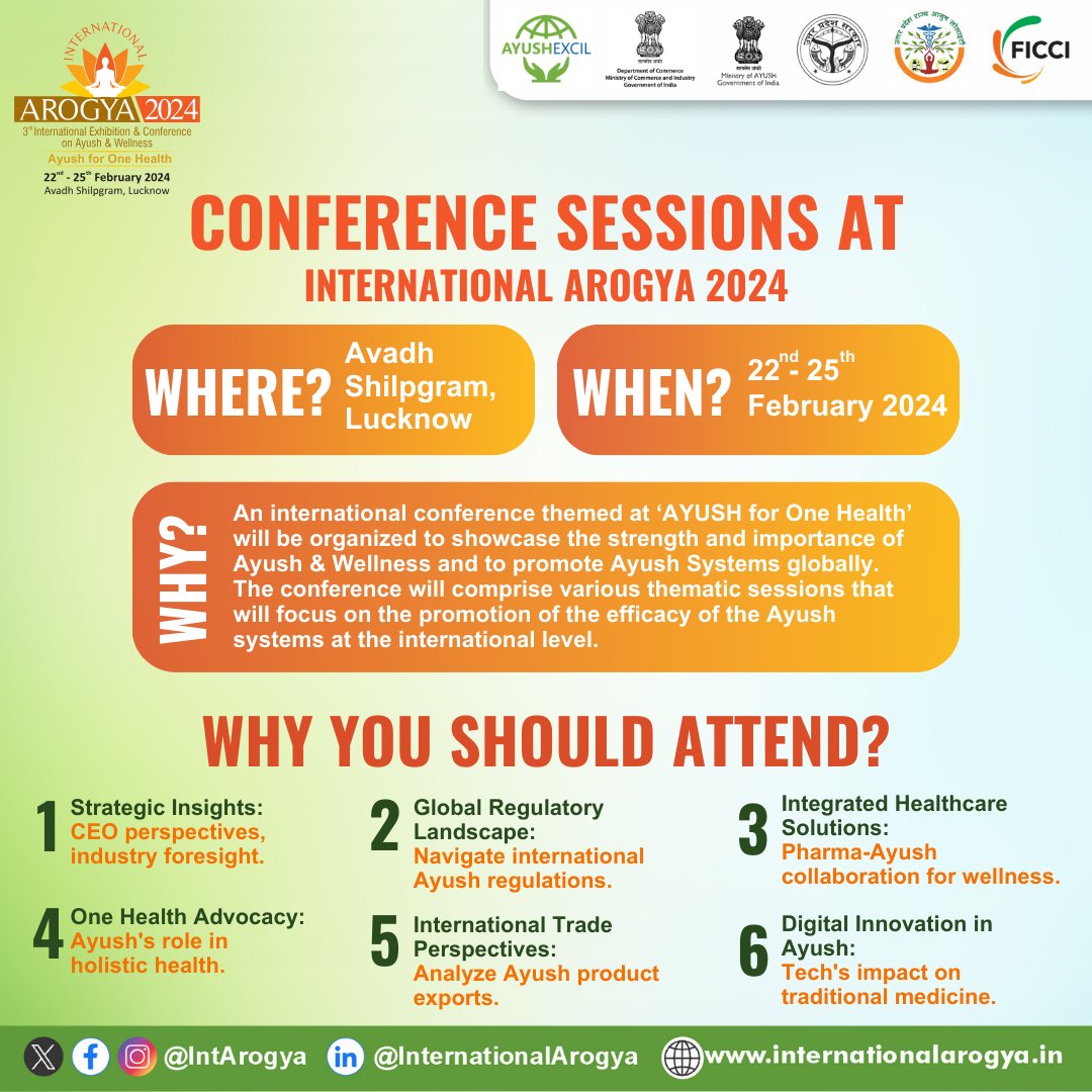 Unlocking Global Wellness: Ayush for One Health 🌐✨ Join the conference for insightful sessions on Ayush sector challenges, regulatory harmonization, integrative healthcare solutions, global exports, digital advancements, nutrition, and more! 🌿💡 Register now at:-…