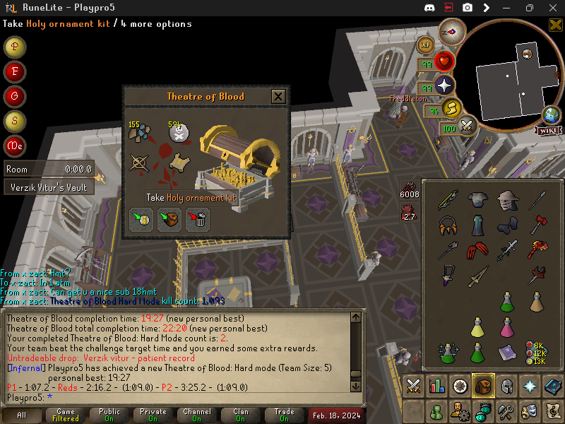 I got spooned my first HMT kit at 2 kc.
This is the holy ornament kit. It goes on the scythe, rapier and sang staff. It's a 1 in 100 drop rate. I thought HMT would be this very hard content but its just normal ToB with extra steps. Very fun to do.
~Playpro5