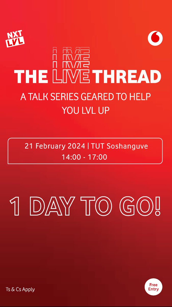 AbutiRowRow's tweet photo. TUT Sosha ra tsena ka boshiu! Only 1 day until campus comes alive with Vodacom #TheLIVEThread mentoring & coaching sesh @ the Student Centre! Ke re awesome talks by Mpoomy Ledwaba, The Funny Chef, Sol Phenduka🥳. Plus non-stop fun & entertainment by Ch’cco. You’re coming right?🤩 https://t.co/Ob8AtThECp
