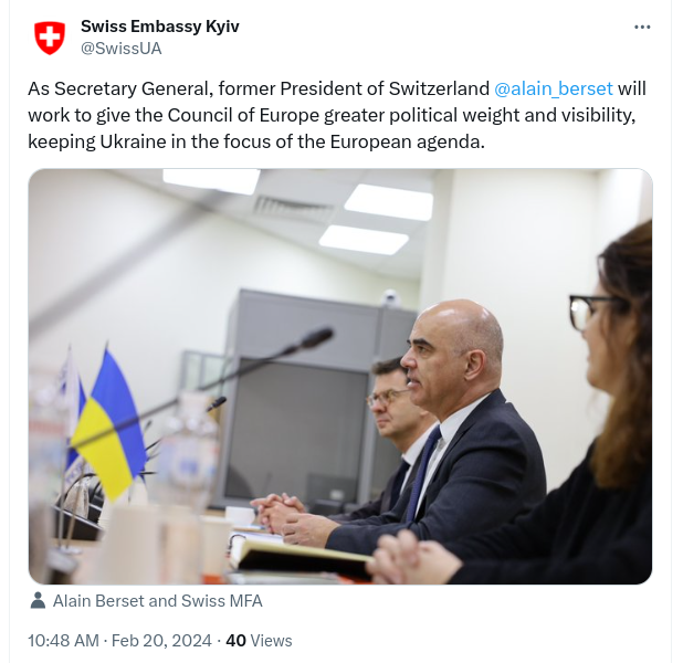 barbouillech's tweet photo. "Keeping Ukraine in the focus of the European agenda." 
Und man will uns verkaufen, dass @alain_berset sich im Europarat für die Schweiz einsetzen wird. https://t.co/2ko1mdqr3M
