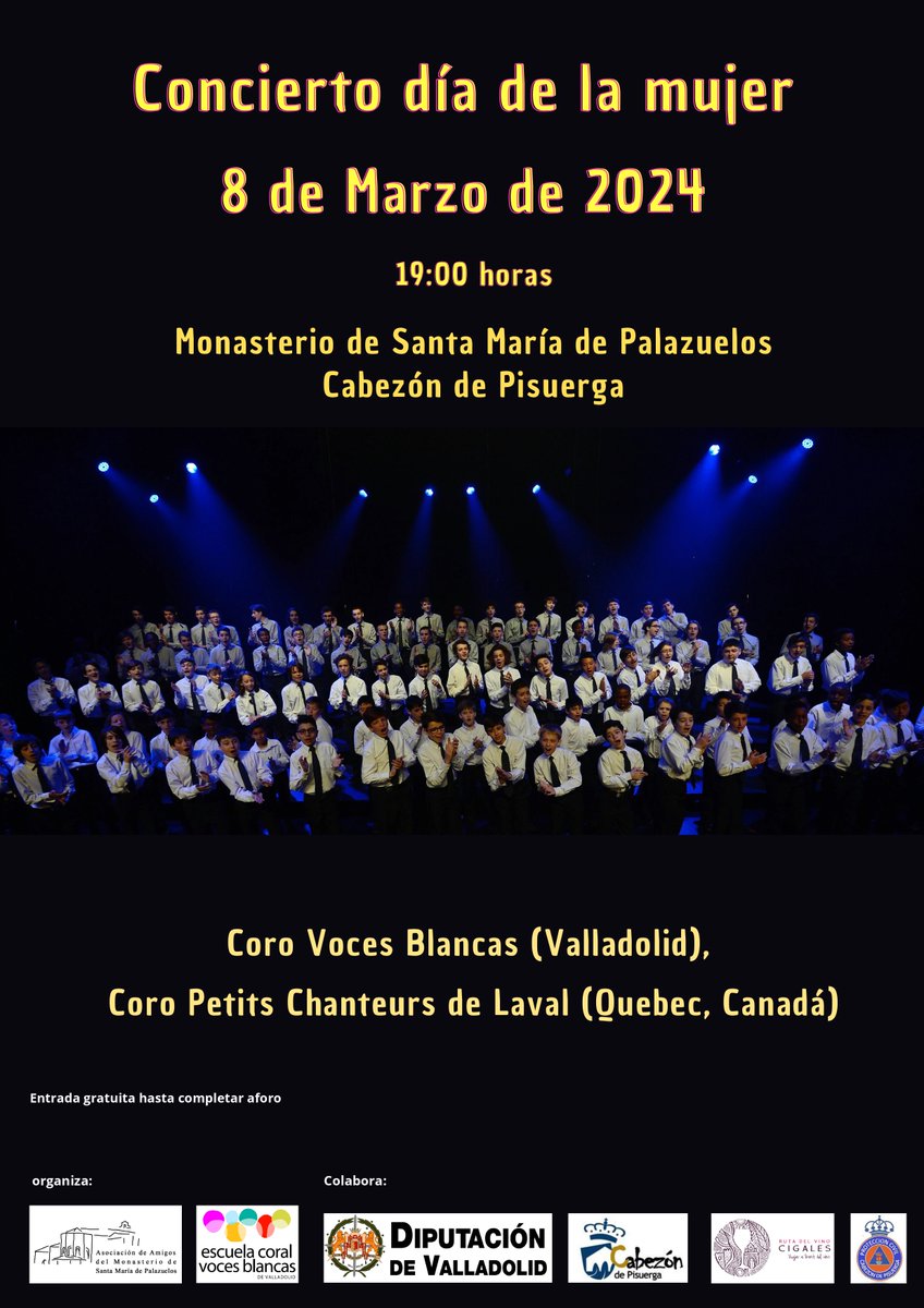 La Asociación Amigos de Palazuelos organiza el concierto día de la mujer.

Lugar: Monasterio de Santa María De Palazuelos
Día: 8 de marzo
Hora: 19:00 h

Entrada libre hasta completar aforo

<a href="/turvalladolid/">Turismo Valladolid</a>  <a href="/RutaVinoCigales/">Ruta del Vino Cigales</a>  <a href="/CyLEsVida/">Turismo Castilla y León</a>