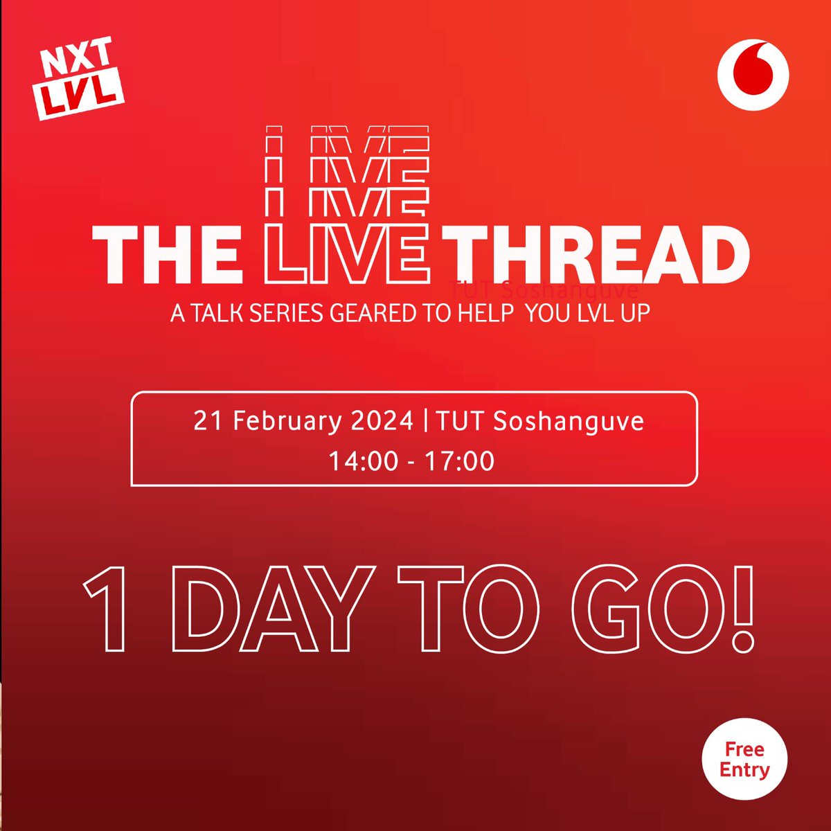 sne_mbhele08's tweet photo. TUT Sosha, ra tsena ka boshiu! Only 1 day until campus comes alive with Vodacom #TheLIVEThread mentoring & coaching sesh @ the Student Centre! Ke re awesome talks by Mpoomy Ledwaba, The Funny Chef, Sol Phenduka. Plus non-stop fun, & entertainment by, Ch’cco. You’re coming right? https://t.co/aSOB9Oqx4W