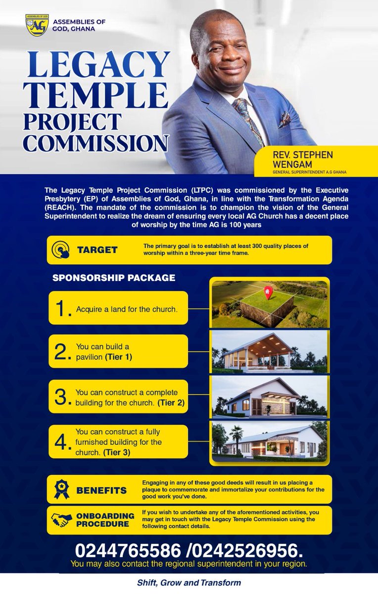 Introducing the 'The Legacy Temple Project Commission (LTPC),' officially commissioned by the Executive Presbytery of Assemblies of God, Ghana, in alignment with the transformative agenda. 

#TransformationAgenda | #ChurchGrowth | #AssembliesOfGodGhana | #AGNews

1/2