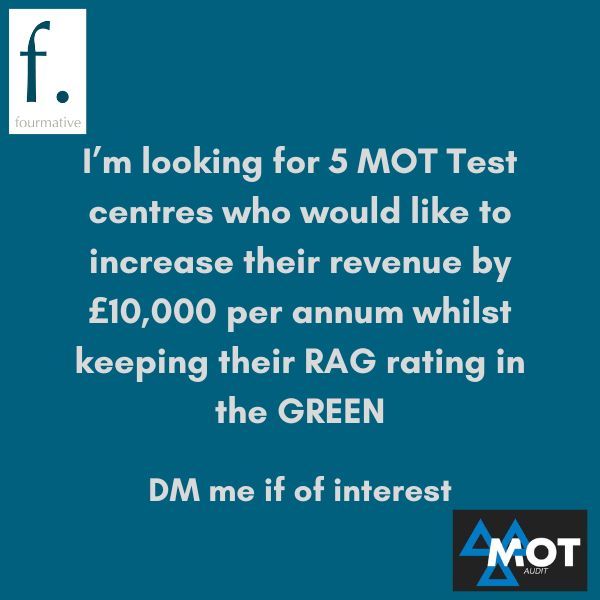 FourmativeL's tweet image. 🎯 Are you a MOT test centre looking to increase your revenue from MOT’s (and keep your RAG rating in the GREEN)

Until 26th February, I'm looking for 5 MOT test centres that want to increase revenue from MOTs by £10,000 per year every year?

#MOT
#VTS
#VehicleTestCentres