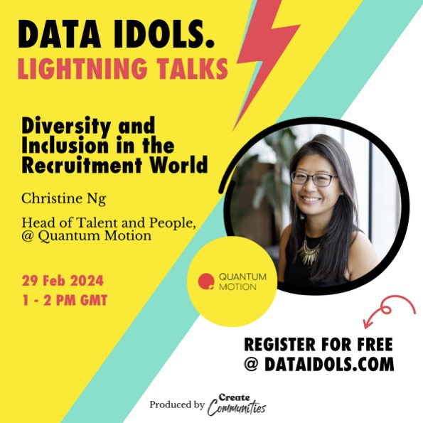 As another week rolls on before our first Data Idols event, we have another panellist to announce 🗣️

On our diversity and Inclusion, we have Christine Ng from Quantum Motion ⚡

Sign up below to attend this session for FREE 🎟️
bit.ly/3OEiF3x
