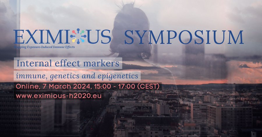 Mark your calendar for the sixth @EXIMIOUS_H2020 symposium, to discuss internal effect markers (immune, genetics & epigenetics)! 📆 7 March 2024, 15:00 - 17:00 CET 📌 Online 🔔 Register online: ow.ly/s1VM50QCAVi #ExposomeResearch