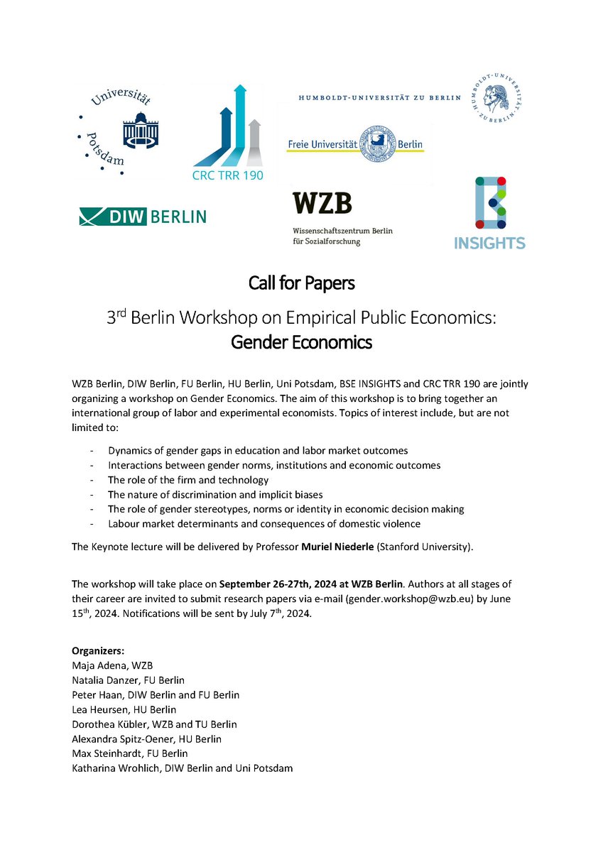 📢Call for Papers: 3rd Berlin Workshop on Gender Economics📢 The workshop will bring together international labor and experimental economists. 👩‍🏫Keynote lecture by @MurielNiederle (@Stanford) 🗓️ September 26-27, 2024 📍 @WZB_Berlin ⏰Apply until June 15 👇 #EconTwitter #CfP