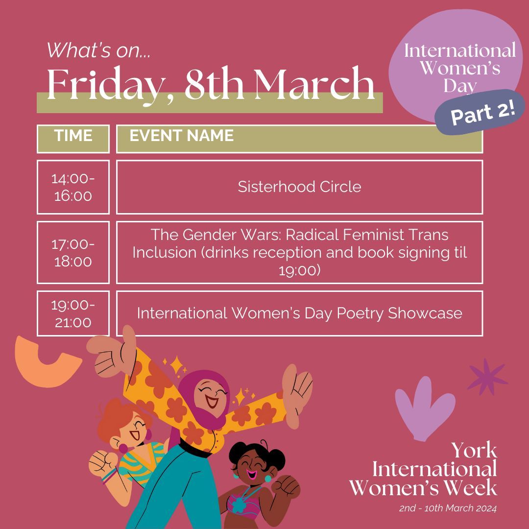 🏵️ What's on? 🏵️ Friday 8th March - Part 2!

#IWD2024 continues on March 8th with even more amazing events. Join us for poetry, sisterhood, and a book signing ⭐ 

Find out more on our website: yorkwomen.org.uk 🌐 

#YIWW #York #Feminism #InternationalWomensDay
