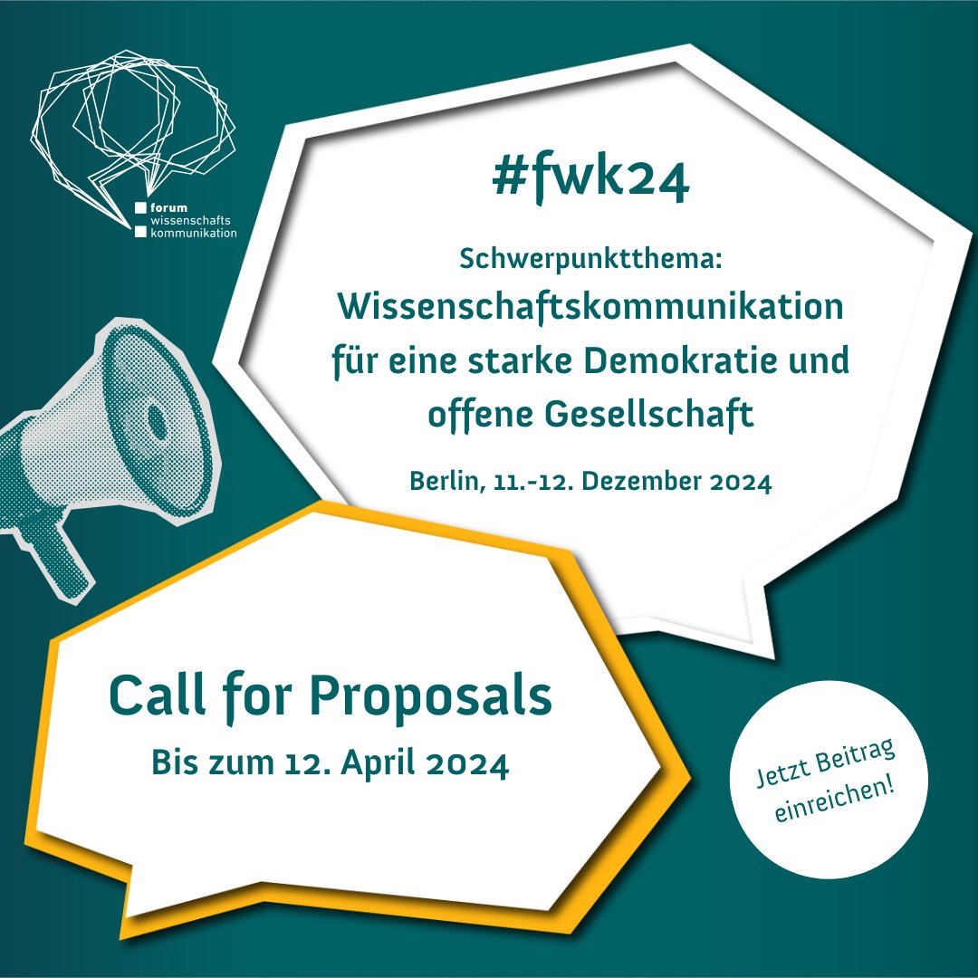 📢 Call for Proposals für das #fwk24: Gestaltet das Programm mit und reicht bis zum 12. April eure Vorschläge zum Schwerpunkt „Wissenschaftskommunikation für eine starke Demokratie und offene Gesellschaft“ oder weiteren Themen der #Wisskomm ein: 📨wissenschaft-im-dialog.de/forum-wissensc…