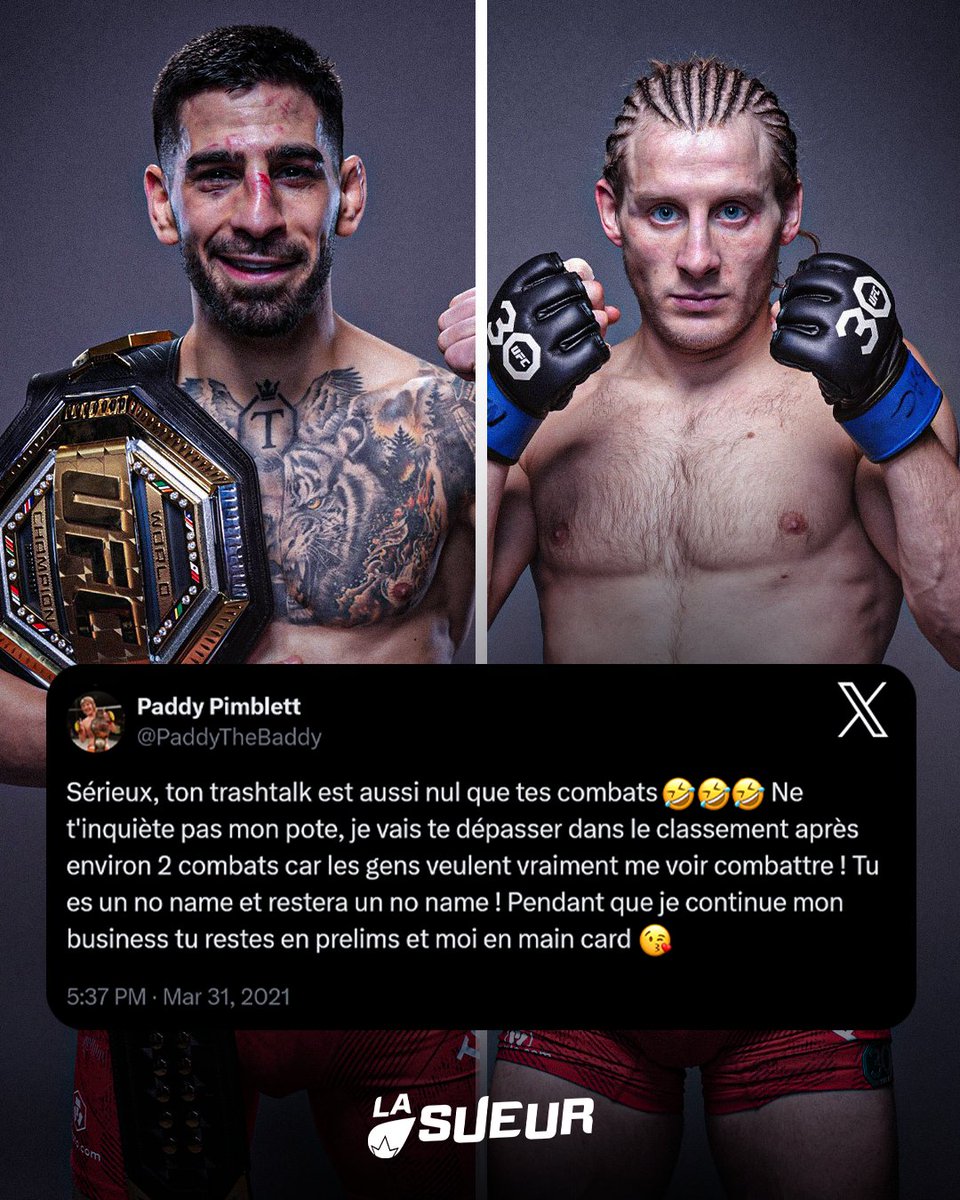 LaSueur_off's tweet photo. Ce tweet de Paddy Pimblett a TRÈS mal vieilli 👀

3 ans plus tard, Ilia Topuria est champion alors que lui n'est même pas classé… 😭😭 https://t.co/lT1f3H58Zd