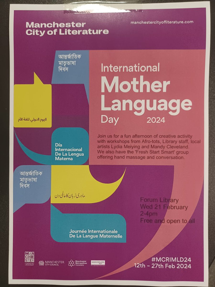 Forum library will be celebrating International Mother language day, join us for a creative afternoon of crafts & activities 
Wed 21 Feb, 2-4pm
Free & open to all 
#MCRIMLD24 
#CityofLit