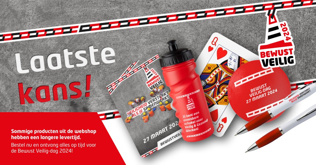 ⚠ 𝗟𝗮𝗮𝘁𝘀𝘁𝗲 𝗸𝗮𝗻𝘀! ⚠

Heb jij nog geen promotieartikelen besteld in de Bewust Veilig-webshop? Sommige producten hebben een langere levertijd, dus ga naar bewustveilig.com/webshop/ om op tijd jouw bestelling te plaatsen! #bewustveilig2024