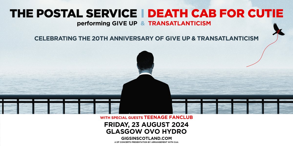 PRE-SALE NOW ON 🔥» @PostalService and @dcfc Celebrating the 20th Anniversary of 'Give Up' & 'Transatlanticism', by performing both albums live 💿 With special guests @TeenageFanclub @OVOHydro, Glasgow | 23rd August 2024 TICKETS ⇾ gigss.co/ps-dc