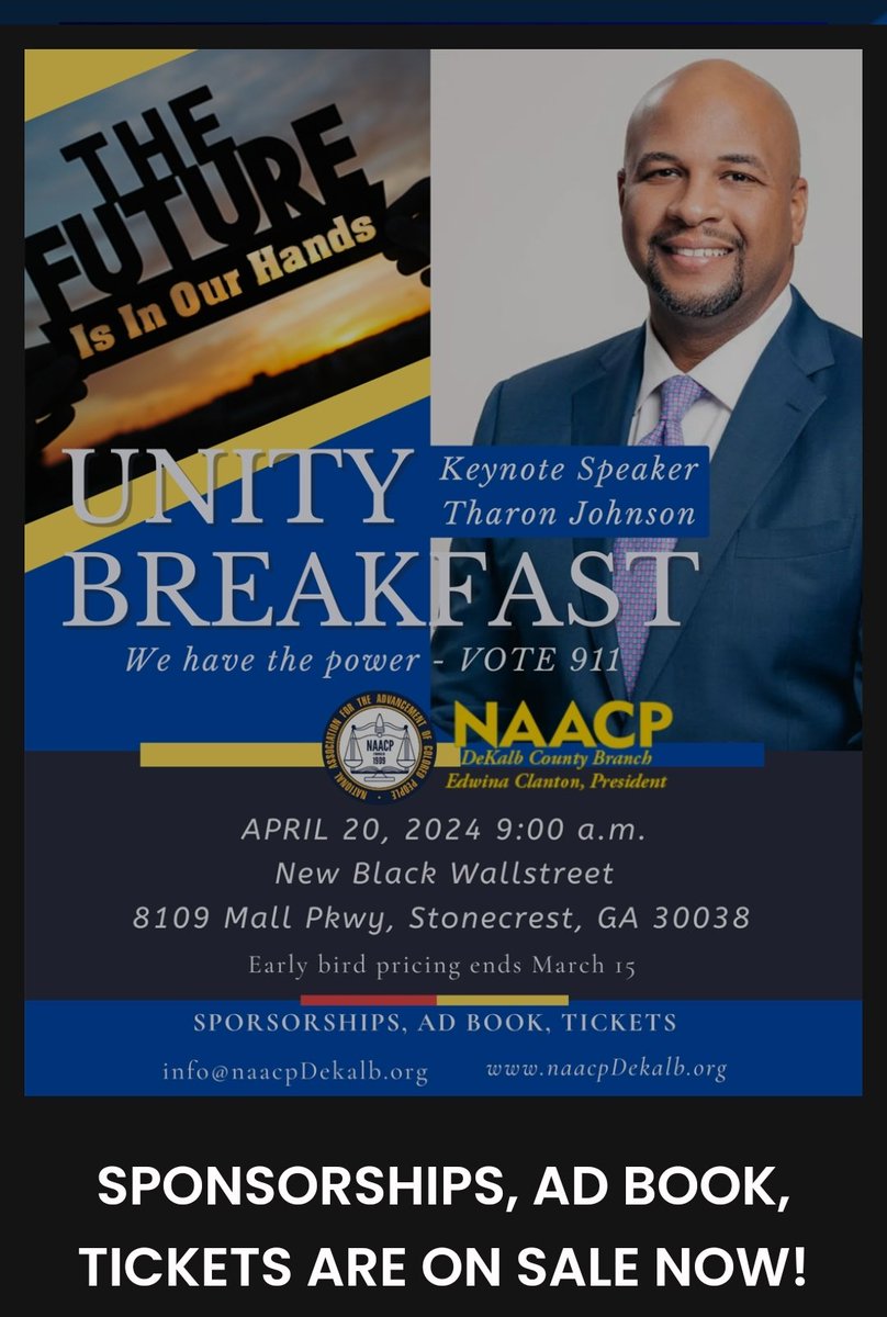 Save the date for the 2024 Annual Unity Breakfast, 'The Future is in Our Hands', April 20, 2024! Tickets are available at, naacpdekalb.org/store/