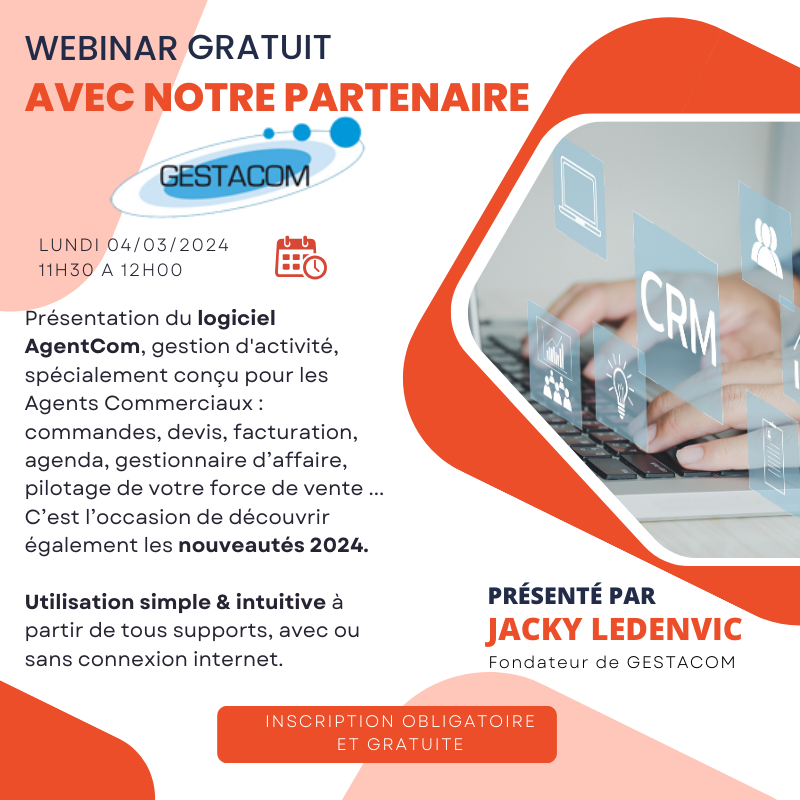 ApacFrance's tweet photo. Agents-Co, ne manquez pas notre webinar gratuit le lundi 4 mars 2024 avec notre partenaire GESTACOM - AGENTCOM ! 🚀
L'occasion parfaite pour découvrir les nouveautés 2024 du logiciel ! 💼✨
ℹ Inscription gratuite : https://t.co/WRqZLP8V2w
#apacfrance #agentcommercial #gestacom https://t.co/fpOBamNcsF