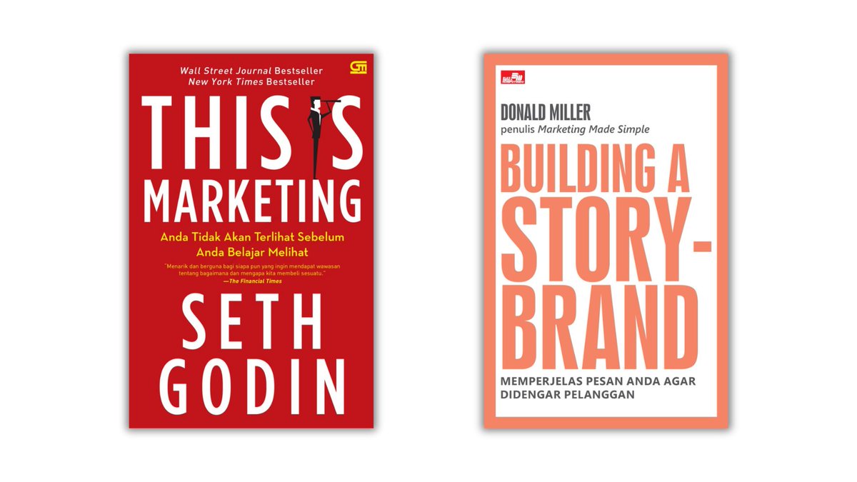 Menurut gw ada  2 buku yang wajib dibaca para marketer: This is Marketing & Building Storybrand. 

Sampe sekarang keduanya masih jadi buku favorit dan gw belajar banyak hal penting yang bisa jadi pegangan pas ngejalanin aktivitas marketing:

- Segala-galanya bermula dari market.