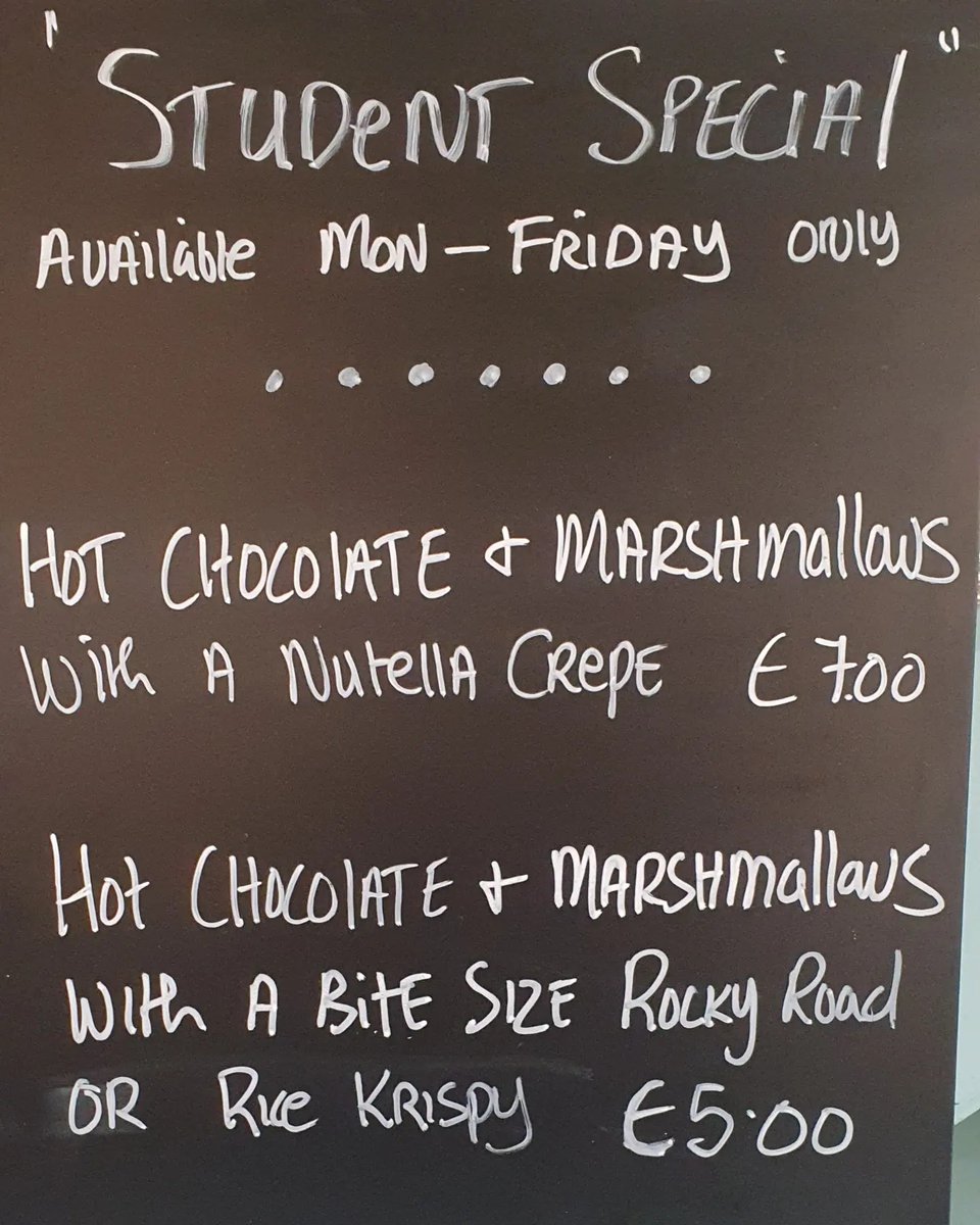 All students.... you can now avail of a special discount on a Crepe & Hot Chocolate. This offer is available Monday-Friday (excluding Bank Holidays). Students must be in uniform or present ID card to avail of this offer! 😎😎 #Wexford #Cafe @PresWex